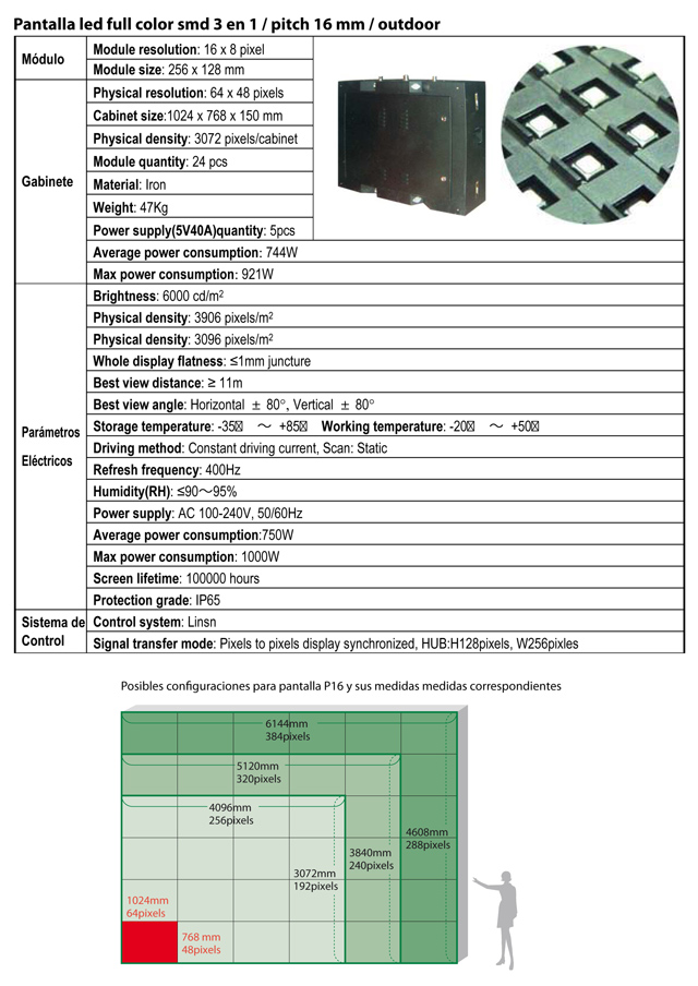 Especificaciones de pantalla de led full color smd 3en1 pitch16